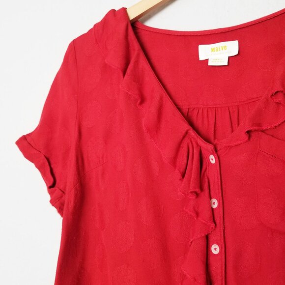 Anthropologie Maeve Jojo Ruffle V Neck Blouse Top S Red Dots Button Front Sweet - Picture 6 of 14